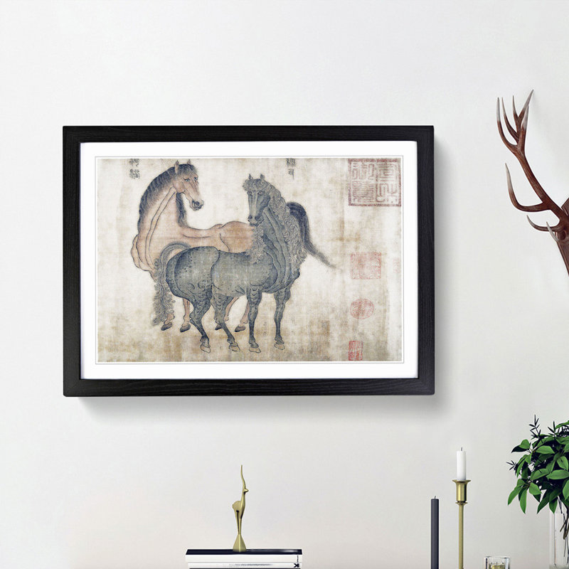 Two Horses by Zhao Mengfu - Framed Print, 48cm H x 65cm W x 2cm D, Black Framed
