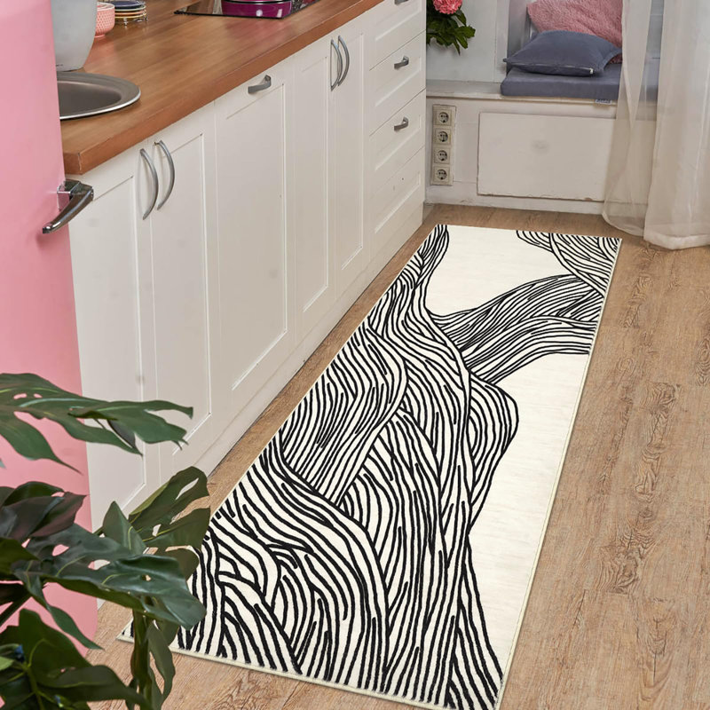 Rectangle Striped Washable Area Rug, Black, Runner 60 x 230 cm
