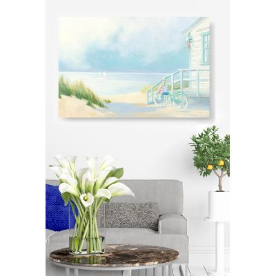 Vélo de plage, chalet, voiliers au bord de la mer, rivage, plage, gazon de plage, bleu, cyan, bleu sarcelle, vert, doux, aéré