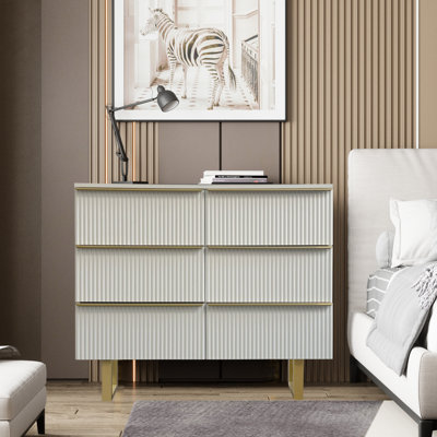6-drawer Dresser In Mdf Wood With Gold Metal Legs And Handles.