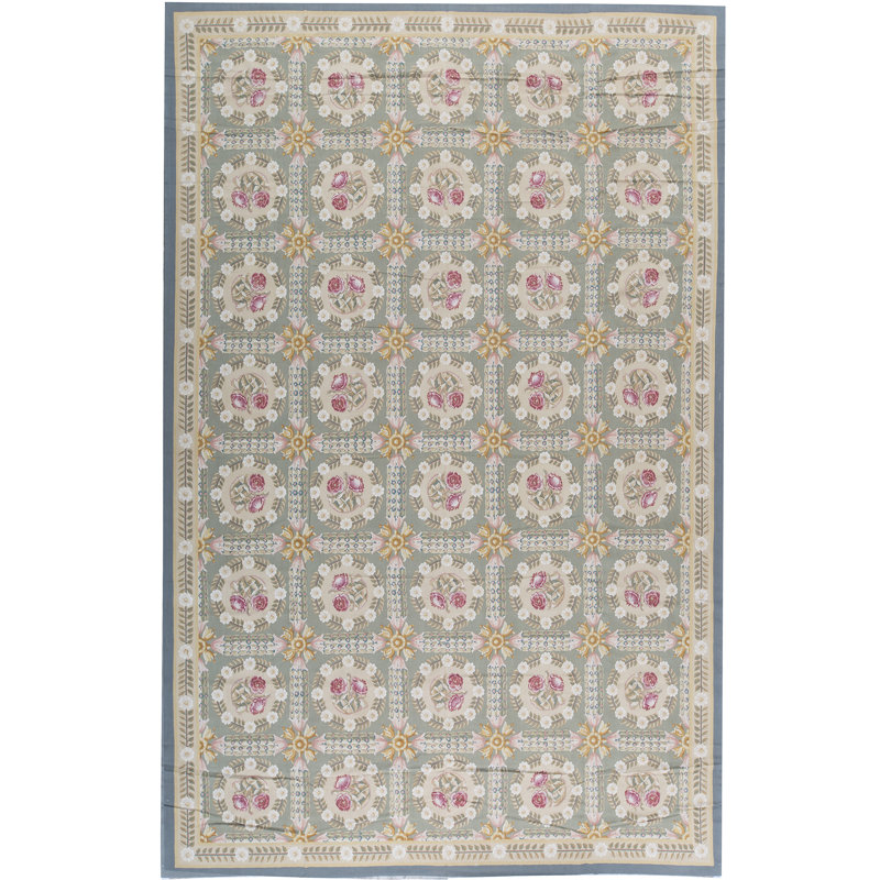 Hand-Knotted High-Quality Green and Beige Area Rug