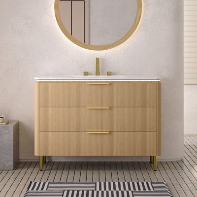Meuble-lavabo autoportant à simple cuve avec lavabo, rebords courbés - armoire en contreplaqué Slime Grille, 3 tiroirs, lavabo intégré en pierre frittée blanc de Carrare