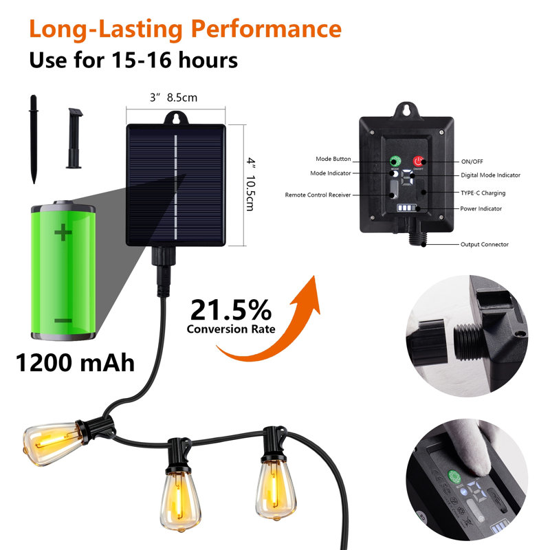 Solar Energy Dimmable 60ft 15-Bulb Outdoor Plug-in Globe String Lights, Shatterproof, IP65 Waterproof, Connectable, Timer
