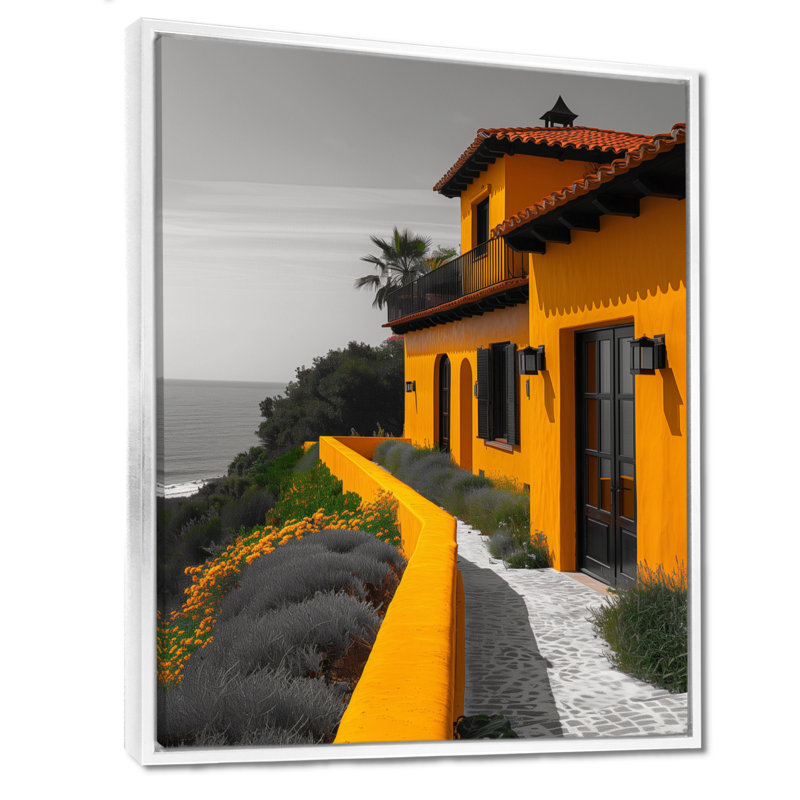 «Yellow Grey Summer Coastal Cove Hotel», art mural hôtels et loges, Cadre flottant blanc, H 24 po x l 32 po