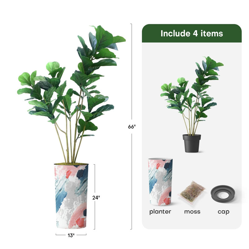 Arbre artificiel en pot moderne Ficus Lyrata, Effet de peinture rose, H 66 po x l 13 po x P 13 po