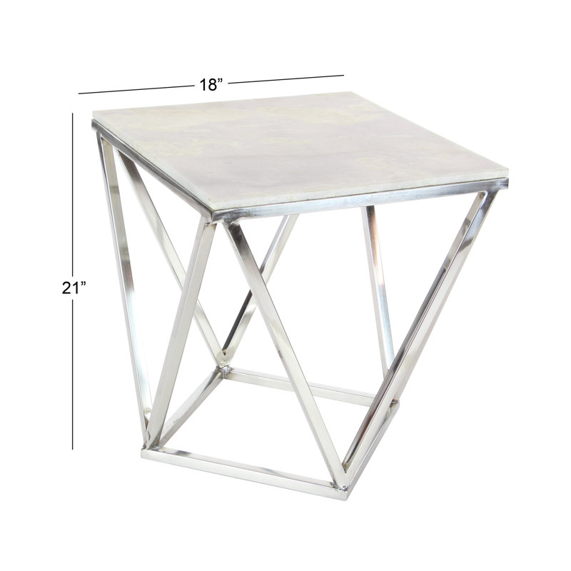 Burgett Stainless Steel Metal Side End Silver Accent Table with Marble Top