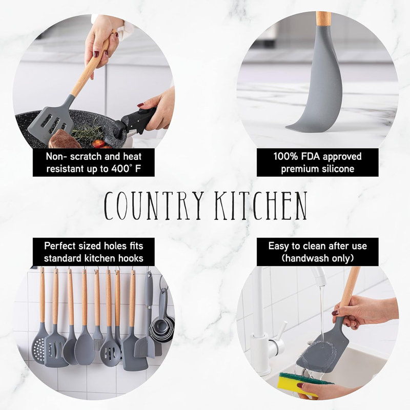 Ensemble 29 pièces d'ustensiles de cuisine en silicone, poignée en bois, antiadhésif, résistant à la chaleur, sans BPA