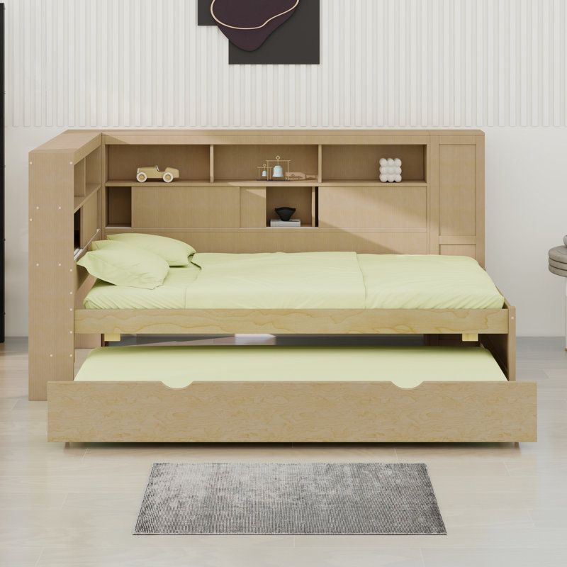 Lit de jour en bois avec tablettes de rangement, USB et lit gigogne