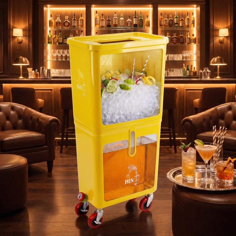 Bac à déchets de boissons commercial jaune avec roues verrouillables – Station de vidange à deux compartiments pour déchets liquides et solides, PEHD résistant aux fuites, pour bar, restaurant, traiteur et événements