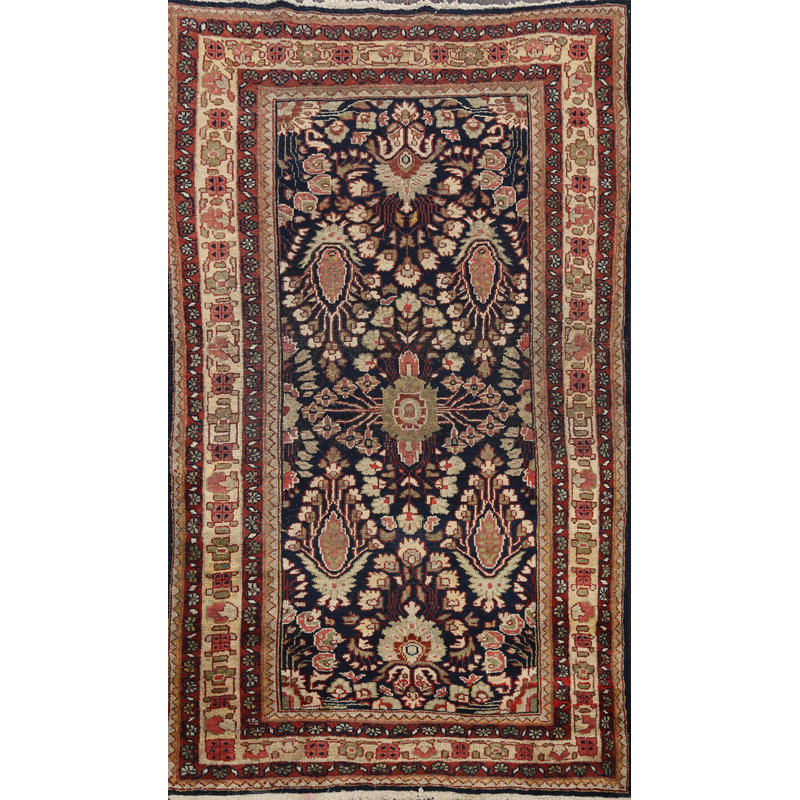 Tapis unique en laine noué à la main bleu marine des années 1930 de 4 pi 0 po x 6 pi 7 po Braea