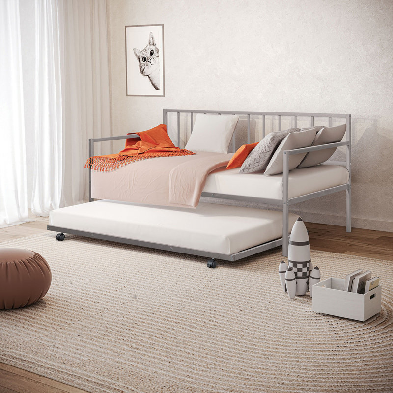 Lit de jour en métal avec lit gigogne 1pc, Argent argent