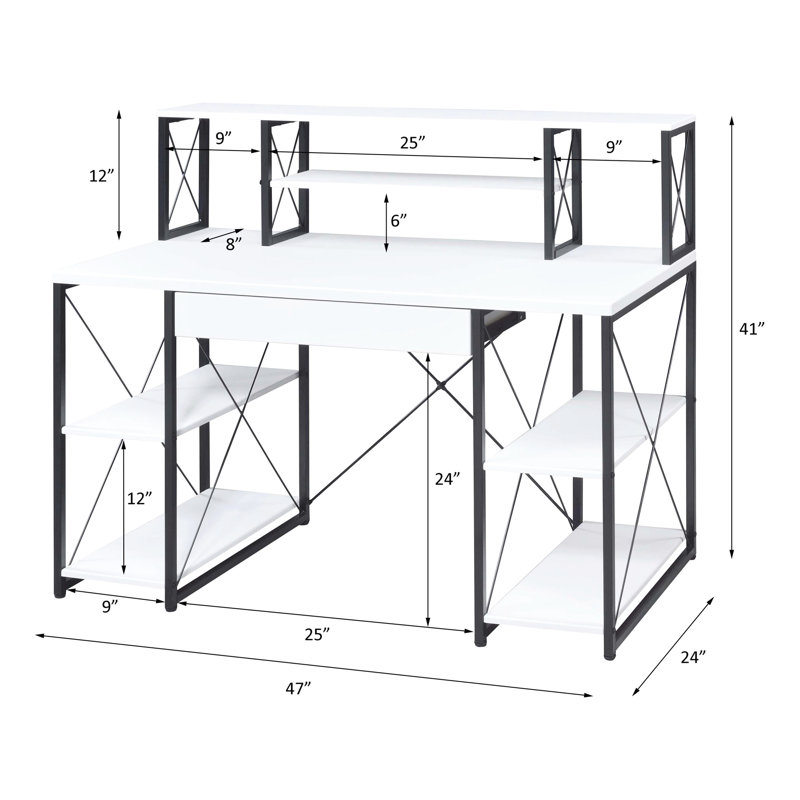 Bureau blanc élégant, robuste et doté d'un espace de rangement. Bureau moderne au design soigné avec tablette fixe.