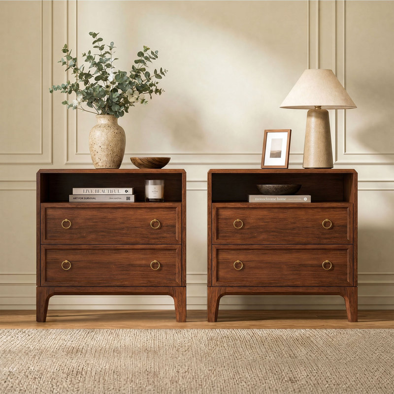 Ensemble de 2 tables de chevet en bois massif - deux tiroirs et station de charge USB / AC, Noyer, Set Of 2
