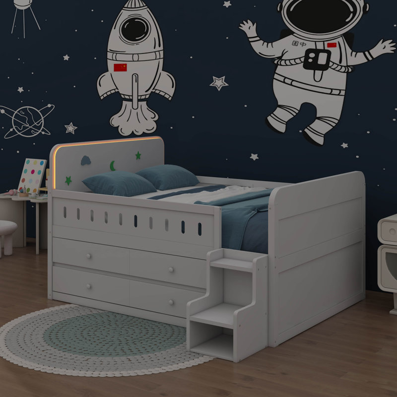 Full Size Bed With LED Light, Storage Drawers, White