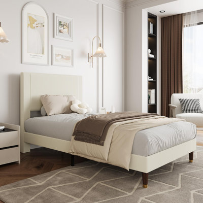 Base de lit plateforme simple, cadre de lit simple moderne avec tête de lit tapissier et support à lattes en métal robuste, aucun sommier requis, assemblage facile, beige