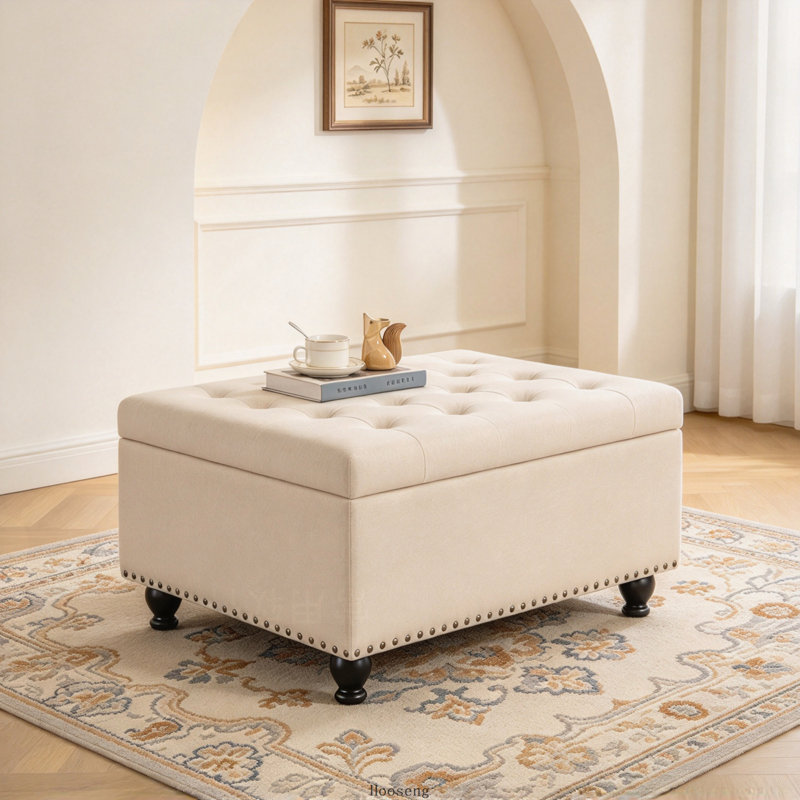 Large Square Storage Ottoman with Wooden Legs, Button Tufted Upholstered Coffee Table with Nail Trim, Beige, Beige