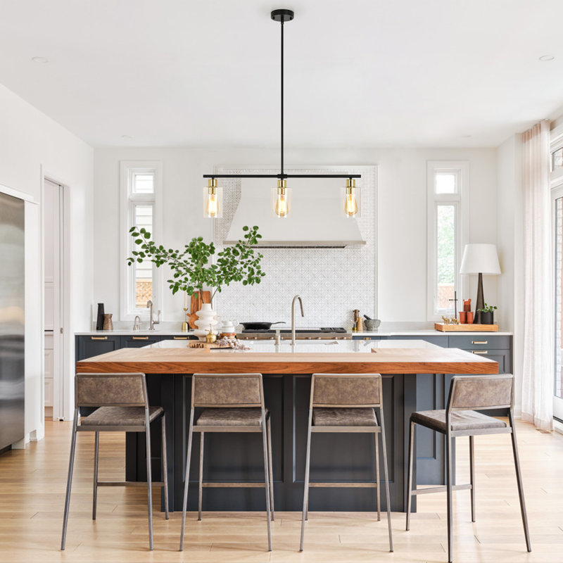 Delmis 3 - Light Kitchen Island Pendant Rustic Linear Chandelier with Clear Glass Shades, Black/Gold