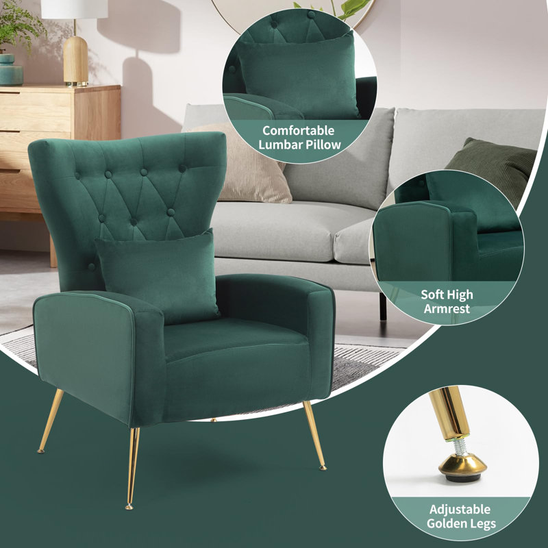 Green Velvet Wingback Accent Chair with Gold Metal Legs
