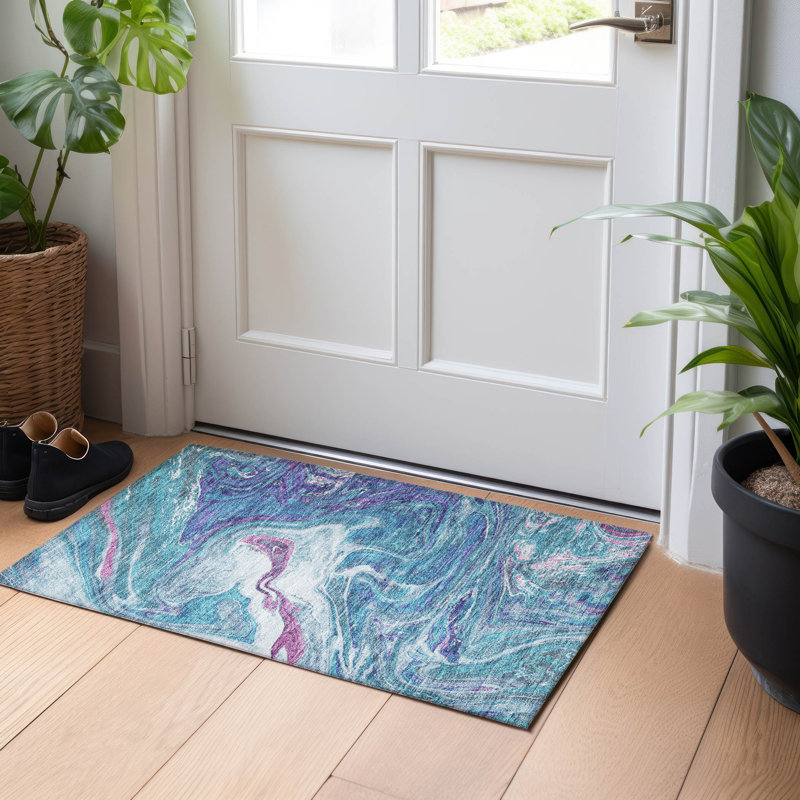 Teal Abstract Washable Synthetic Rectangular Rug 30" x 20"