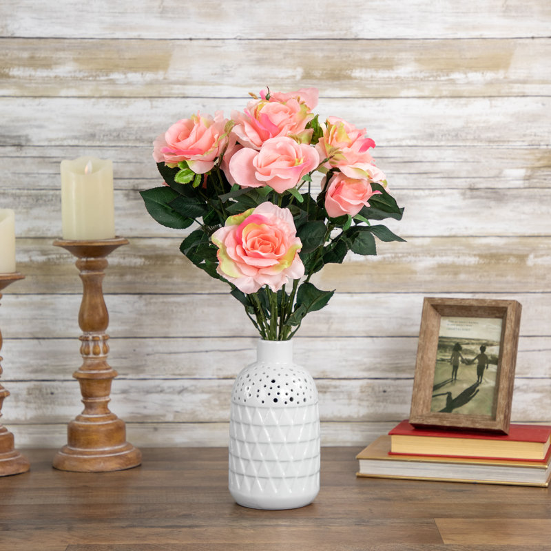 18" Pink Silk Rose Artificial Floral Arrangement