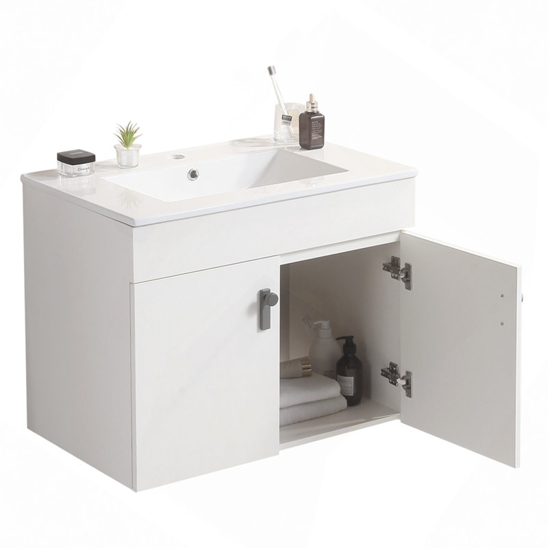 Meuble-lavabo de 30 po avec pieds en métal, avec cuve en céramique blanche, deux portes d'armoire à fermeture douce, bois massif, sans les robinets