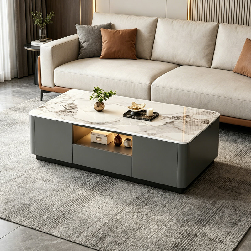 Table basse avec rangement Minimalist, Blanc / Gris, H 14,56 po x L 47,24 po x l 23,62 po