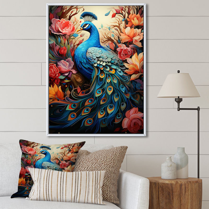 Peacock Gouache I - animaux, art mural sur toile, H 20 po x l 12 po x P 1 po, Cadre flottant blanc
