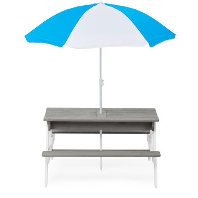 Table de pique-nique d'extérieur en bois avec parasol amovible - 31 tables de sable et d'eau multifonctionnelles, gris, bois naturel