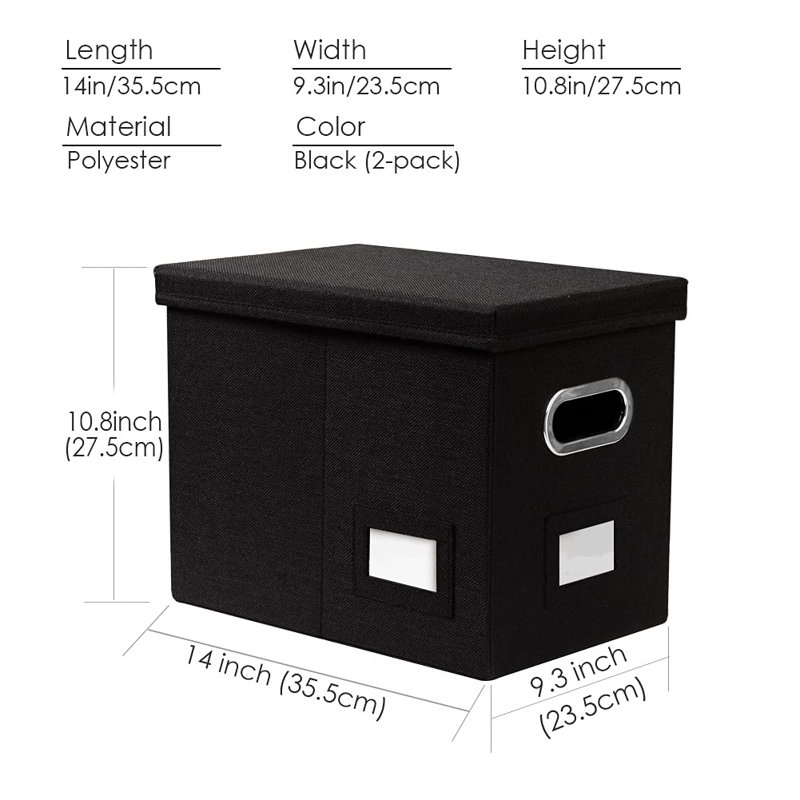 File Organizer Box - Set Of 2 Collapsible Decorative Linen Filing Storage Hanging File Folders With Lids Office Cabinet Letter Size Black (14X9.3X10.8 Inch)