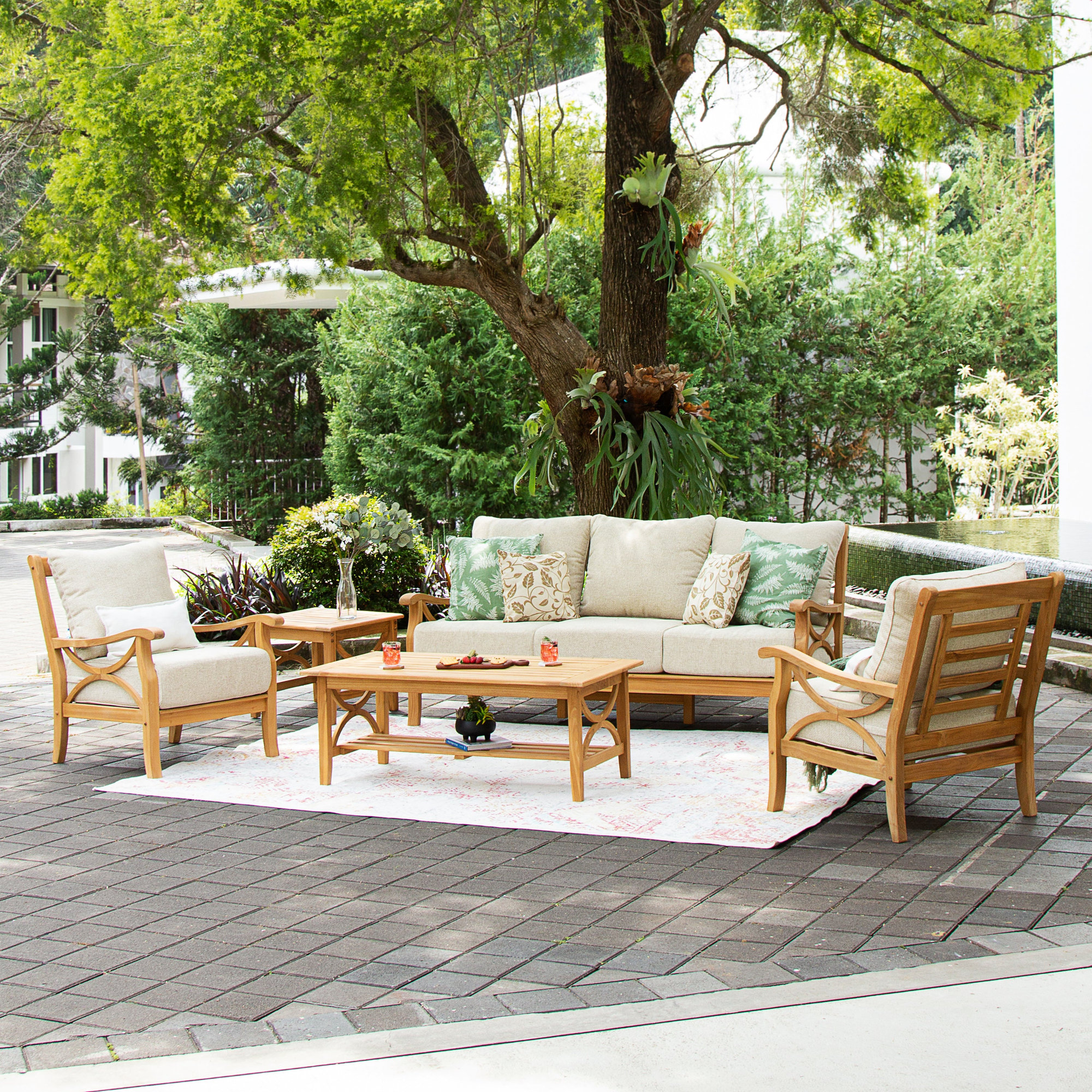 Brunswick 5 Piece Teak Sofa Seating Group with Cushions , Brown, Tan Performance Basketweave