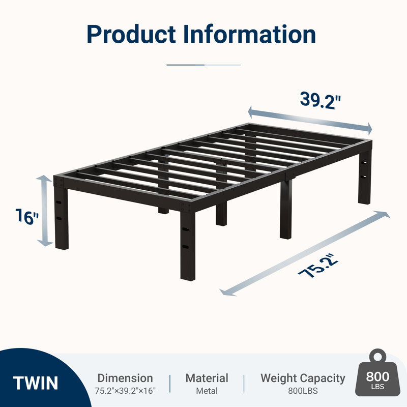 Base de lit plateforme en métal avec support de lattes en acier robuste, aucun sommier requis, Lit simple, Noir, 16"