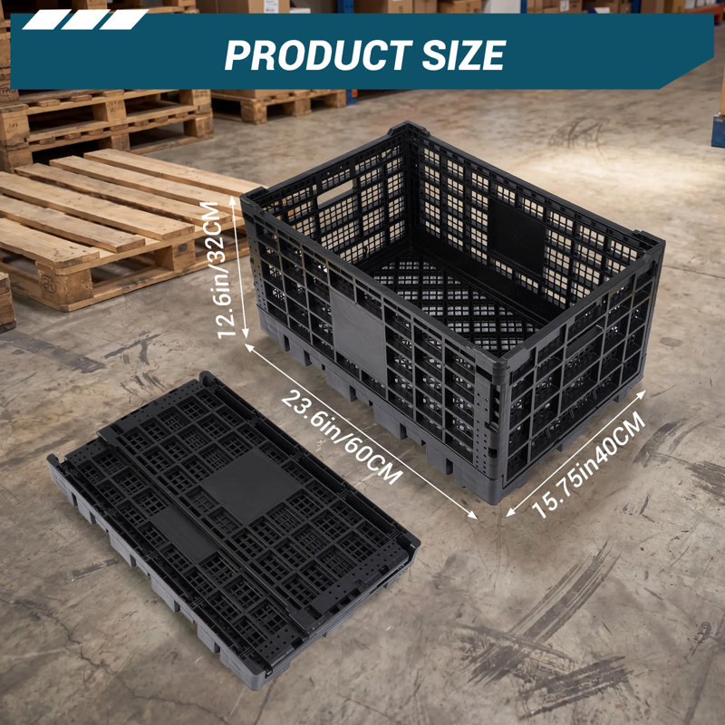 Cage à lait pliable, caisse de rangement en plastique robuste de 52 L empilable, caisses pliables pour rangement, Noir