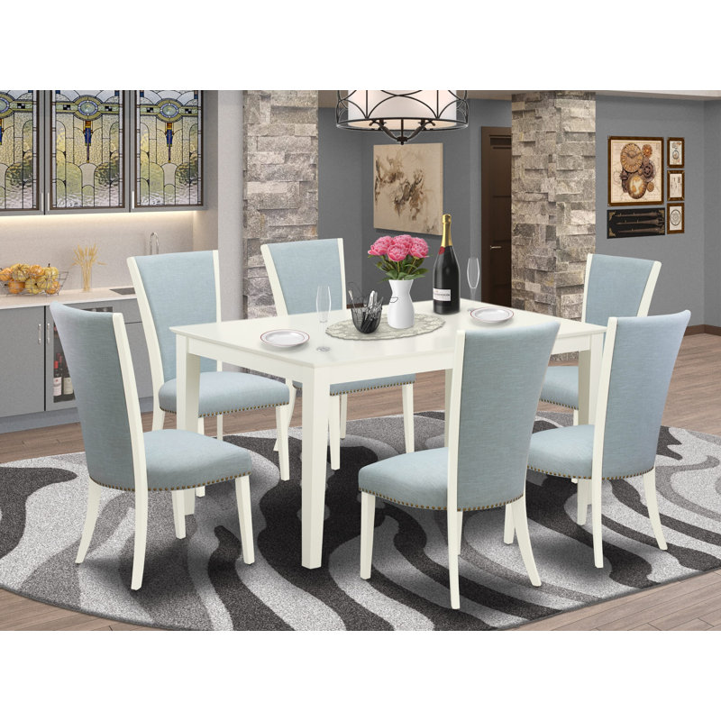 7 Piece Kitchen Table & Chairs Set Consist of a Rectangle Dining Room Table and 6 Baby Blue Linen Fabric Parsons Dining Chairs, Linen White