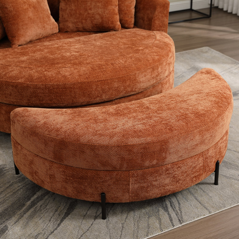 Upholstered Barrel Chair With Ottoman, Burnt Orange Chenille