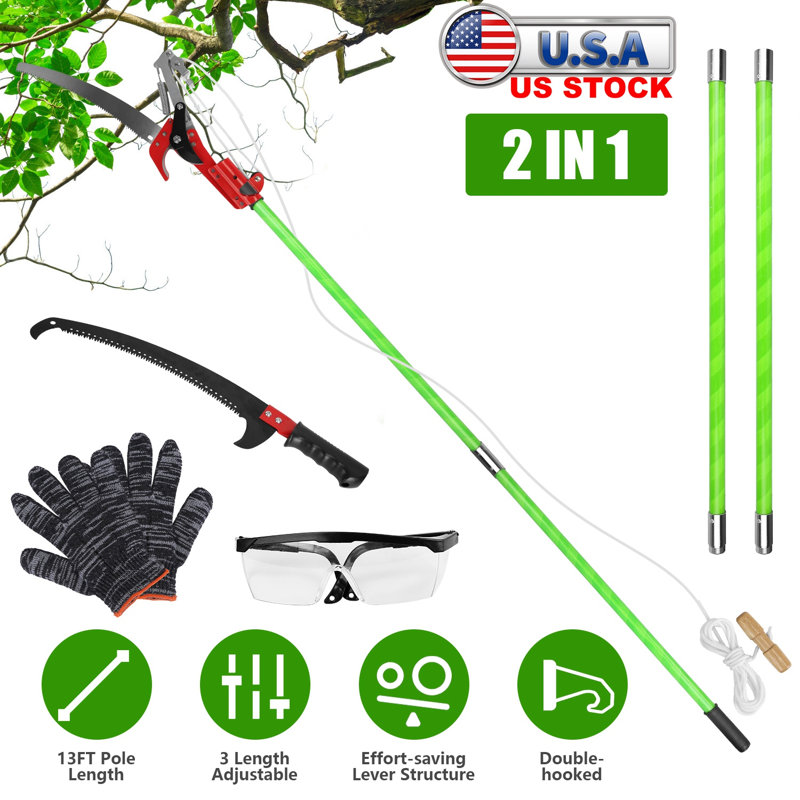 2 en 1 Scie à perche manuelle extra longue 8,23 à 15,12 pi extensible pour branches hautes avec ciseaux d'élagage 2 lames de scie à double crochet Gants de lunettes