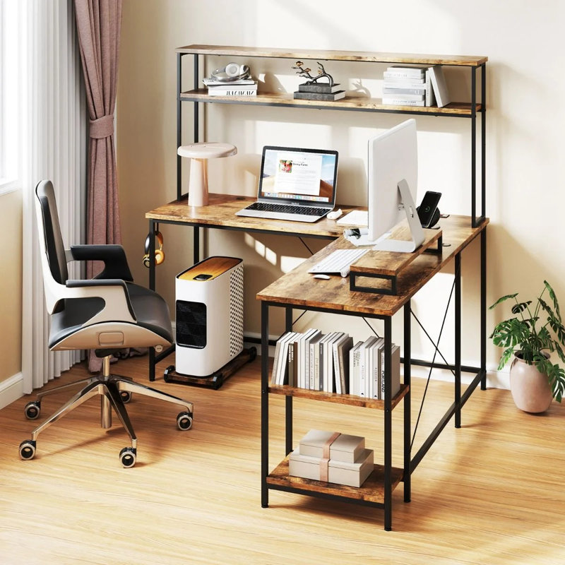 L-Shaped Metal Base Computer Desk with Power Outlet