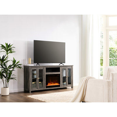 Meuble télé avec foyer 70 po, finition noyer gris, chauffage, éclairage à DEL, 2 armoires avec tablette centrale réglable et console à finition ouverte, armoires, tablettes - multiples réglages de flamme et de couleur, tablette
