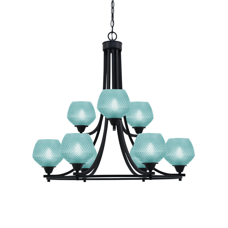 Lustre 9 lumières Allexus, Noir mat, Sarcelle