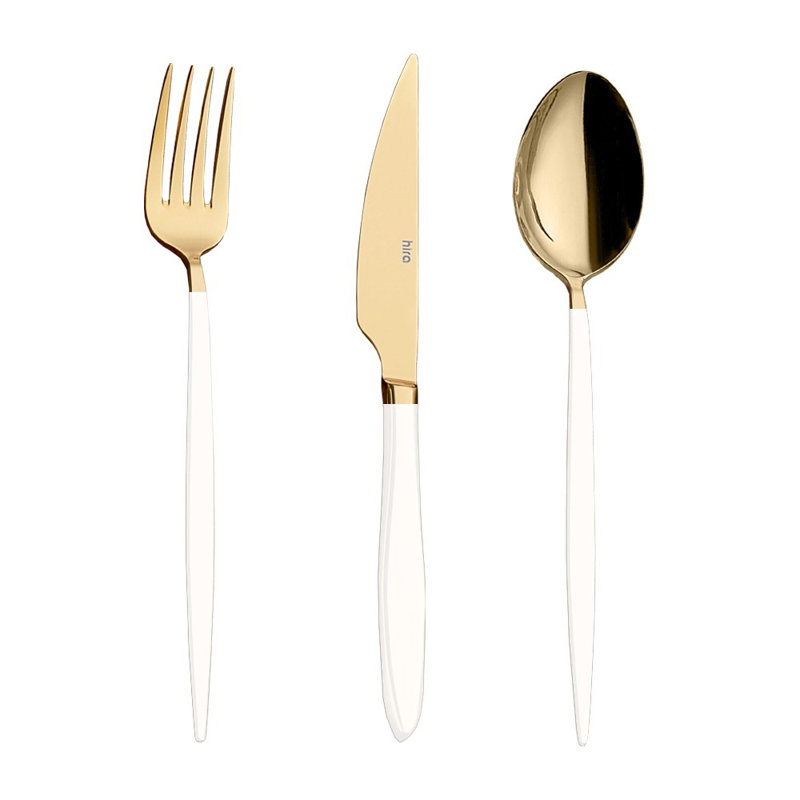 Elegant 12-Piece Cutlery Set, Gold & White | 100% Stainless Steel | Includes 4 Table Spoons (8.3 x 1.8 inches), 4 Forks (8.3 x 1.0 inches), 4 Knives (8.7 x 0.8 inches) | Perfect for Formal Dining & Special Occasions, Durable & Stylish Design