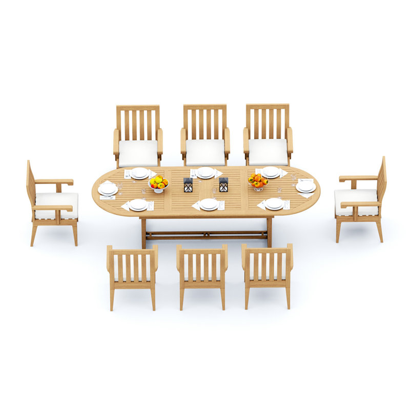 Ensemble de salle à manger en bois de teck Grade-A: table ovale à tréteaux Mas et chaises sans accoudoirs Caranas # 11Ca2300