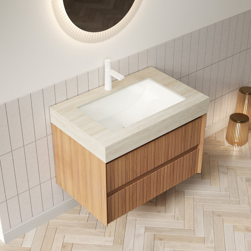 Meuble-lavabo de salle de bain 30 po Tilley, armoire de rangement flottante rayée en contreplaqué avec 2 tiroirs, plateau en pierre frittée à motif de travertin avec lavabo encastré en céramique, pré-assemblé, couleur grain de bois espresso