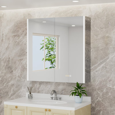 Jainaba 36'' W x 32'' H LED Medicine Cabinet with Mirror, Dimmable Lighting, Adjustable Color Temperature, Defogger, Extra-Large Storage Space, Adjustable Glass Shelves, Recessed or Surface Mount, ETL Certified