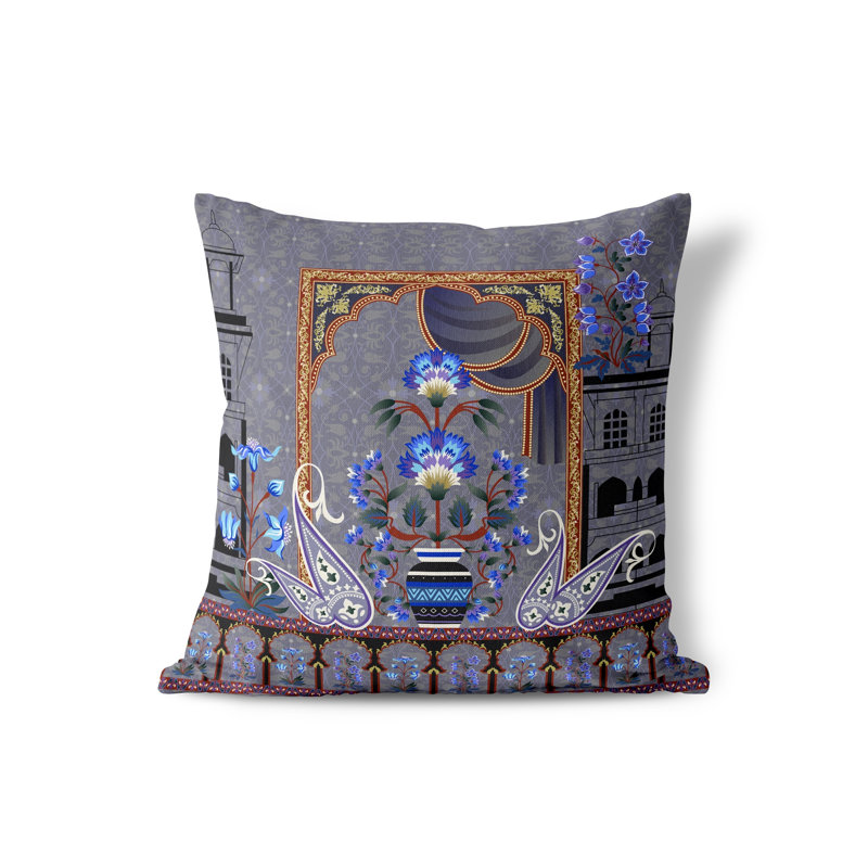 Housse et insert de coussin intérieur / extérieur en polyester Mughal Paradise, 26 po x 26 po, Gris