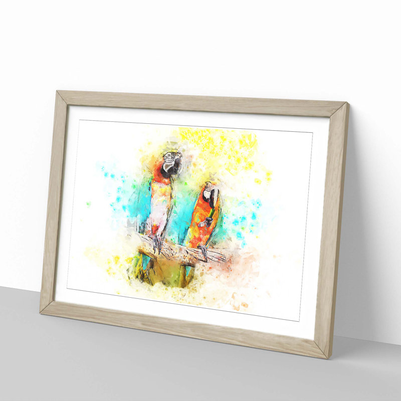 Two Macaw Parrots on a Branch in Abstract - Picture Frame Painting Print, Oak Framed, 62cm H x 87cm W x 2cm D