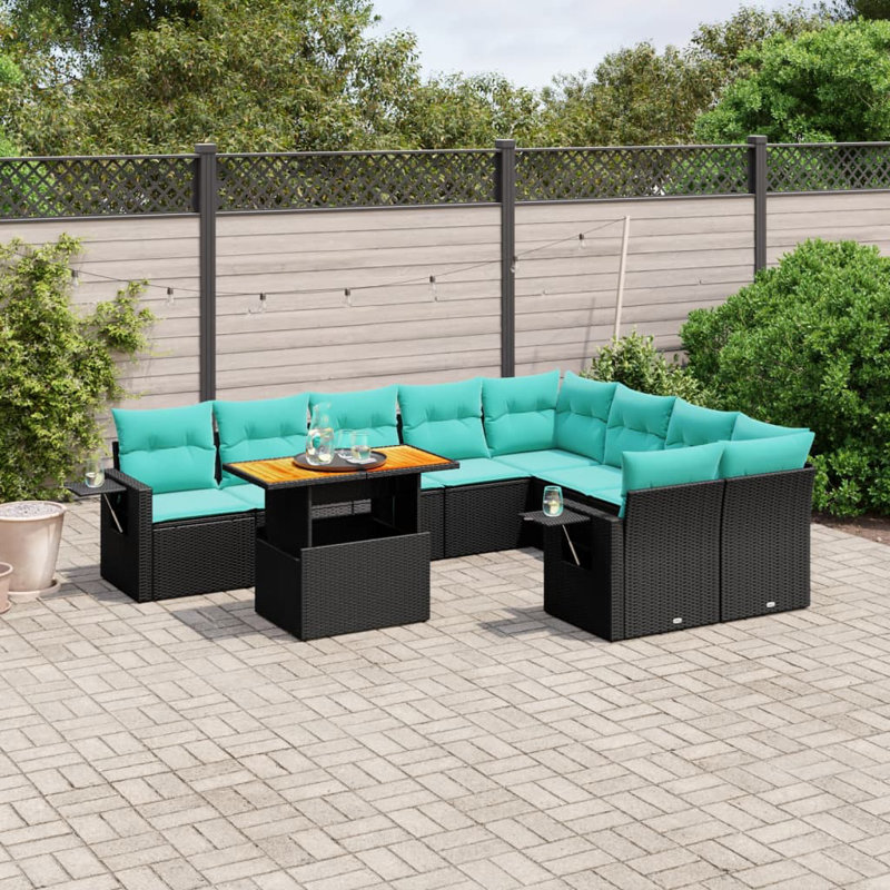  Ensemble de canapé de patio 10 pièces avec coussins en rotin de polyester, Noir, Vert