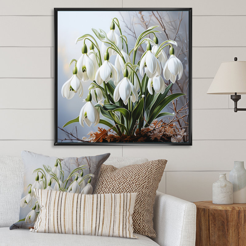 White Green Snowdrops Romantic Impression II - Floral Canvas Wall Art, H 36 po x l 36 po x P 1,5 po, Cadre flottant noir