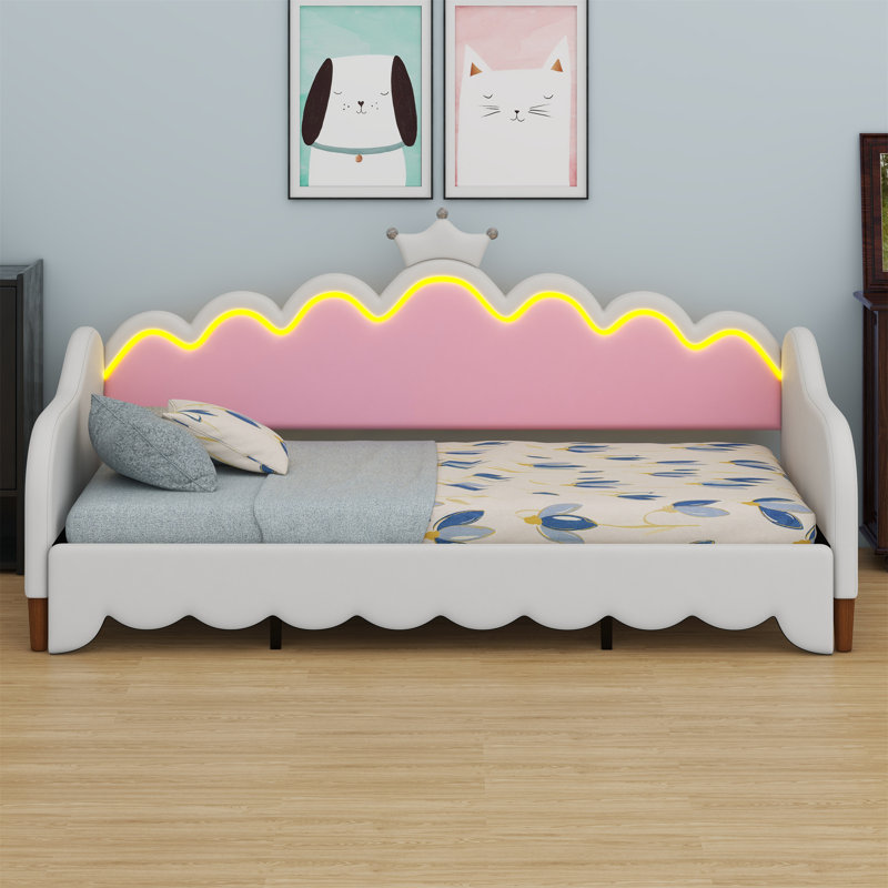 Lit de jour extensible avec lumières DEL, lit de jour rembourré princesse moderne avec tête de lit couronne, Blanc