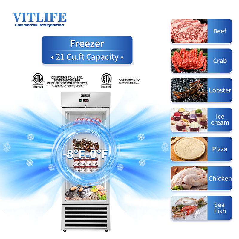 VITLIFE 27’’W Commercial Reach-in Freezer with Single Glass Door, Auto-Defrost, 21cu.ft. Bottom Mounted, Stainless Steel Upright Freezer for Restaurant, Bar, Shop, -8°F to 0°F