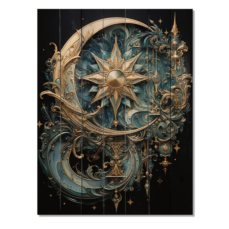Symboles, croissant de lune et étoiles, impression sur bois naturel, H 40 po x l 30 po x P 0,78 po