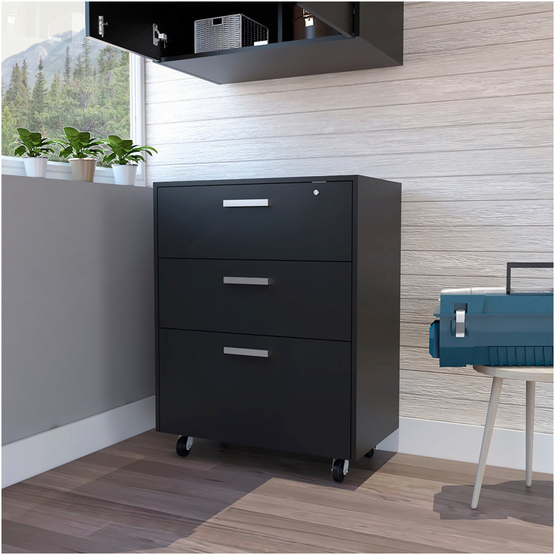 Armoire à trois tiroirs avec roulettes, serrure et rails à extension complète